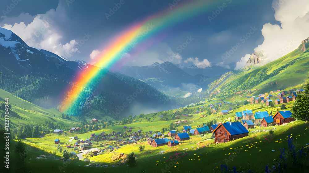 Obraz premium Vibrant rainbow arching over a picturesque village with blue rooftops nestled in a lush green mountain valley. Rainbow Valley. Illustration