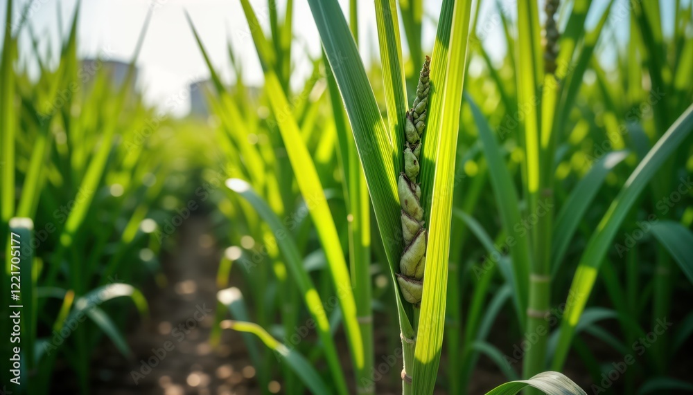 Obraz premium Close-up view of vibrant green sugarcane plant. Healthy stalks, leaves visible. Image highlights agricultural crop growing. Fresh, organic plant in rural setting. Natural sugar cane in field. Image
