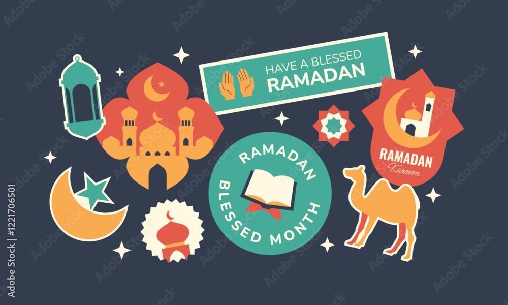 Fototapeta premium Ramadan kareem sticker, badge, patch. Islamic holiday greetings in flat geometric style.