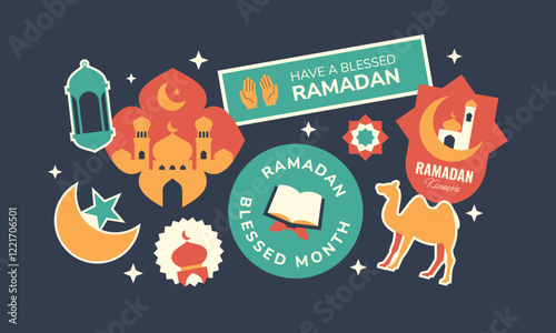 Ramadan kareem sticker, badge, patch. Islamic holiday greetings in flat geometric style.