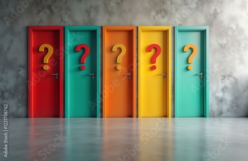 Colorful doors with question marks symbolize career choices. Multiple paths, opportunities represented. Image evokes feelings of uncertainty, decision-making. Modern design style shows choices,