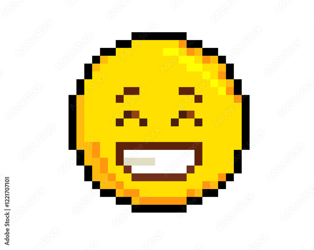 Obraz premium 8 bit pixel art yellow smiling eyes and a broad happy face icon with teeth