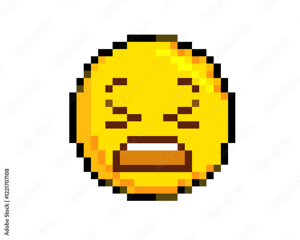 Obraz premium 8 bit pixel art yellow disappointed, upset face and closing eyes icon