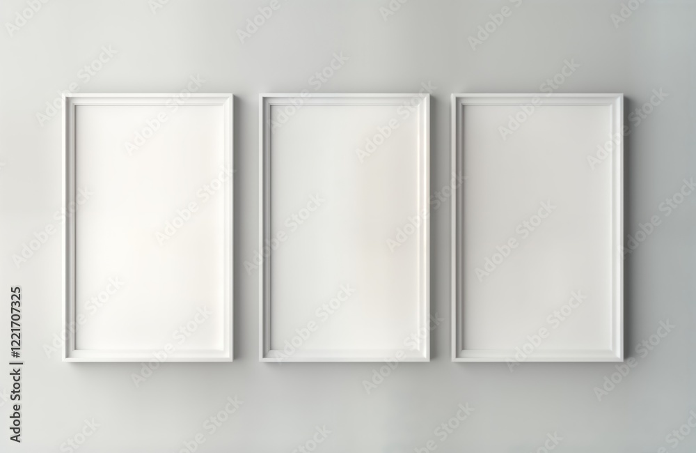 Empty white picture frames on wall. Three vertical rectangles. Simple design. Minimalist style. Modern empty frames. Elegant presentation portfolio template. Suitable for design concept. Neutral Empty white picture frames on wall. Three vertical rectangles. Simple design. Minimalist style. Modern empty frames. Elegant presentation portfolio template. Suitable for design concept. Neutral