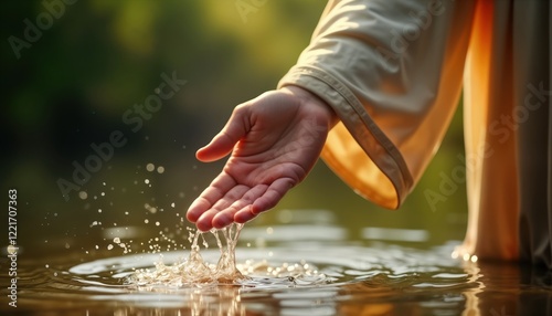 Religious hand dips in water for baptism ritual. Water splashes around hand. Natural light creates soft glow. Spiritual ceremony outdoors. Christian tradition. Baptismal font body of water. Holy