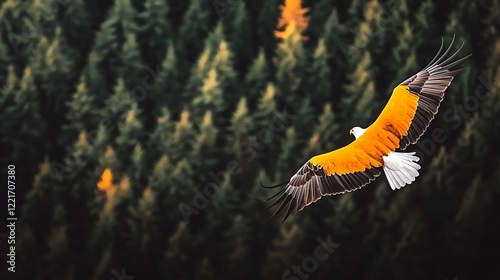 Eagle soaring above evergreen forest photo