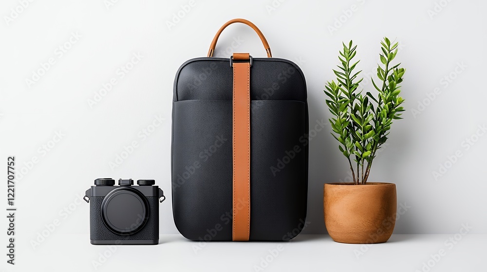 Stylish Black Backpack with Brown Leather Strap Next to Camera and Potted Plant in Minimalist Setting Stylish Black Backpack with Brown Leather Strap Next to Camera and Potted Plant in Minimalist Setting
