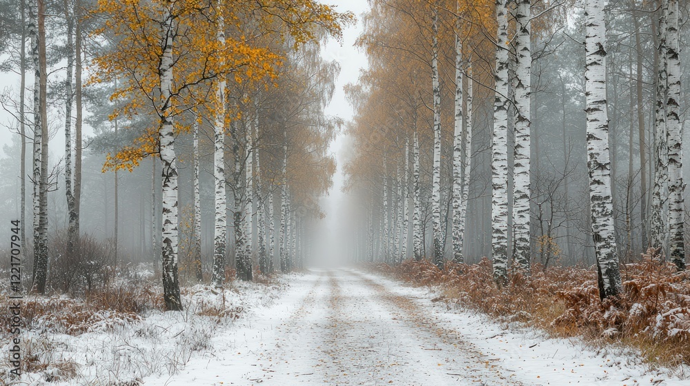 Fototapeta premium Enchanted Birch Forest Path: A Misty Winter Wonderland