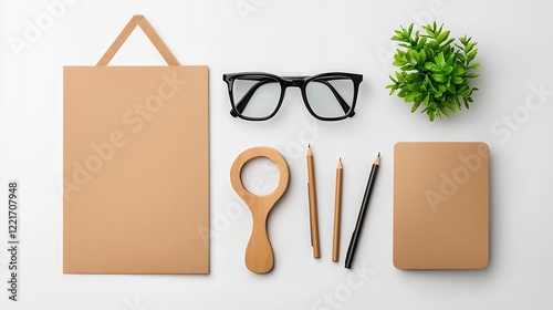 Minimalist Workspace Arrangement With Brown Paper Notepad And Green Potted Plant photo