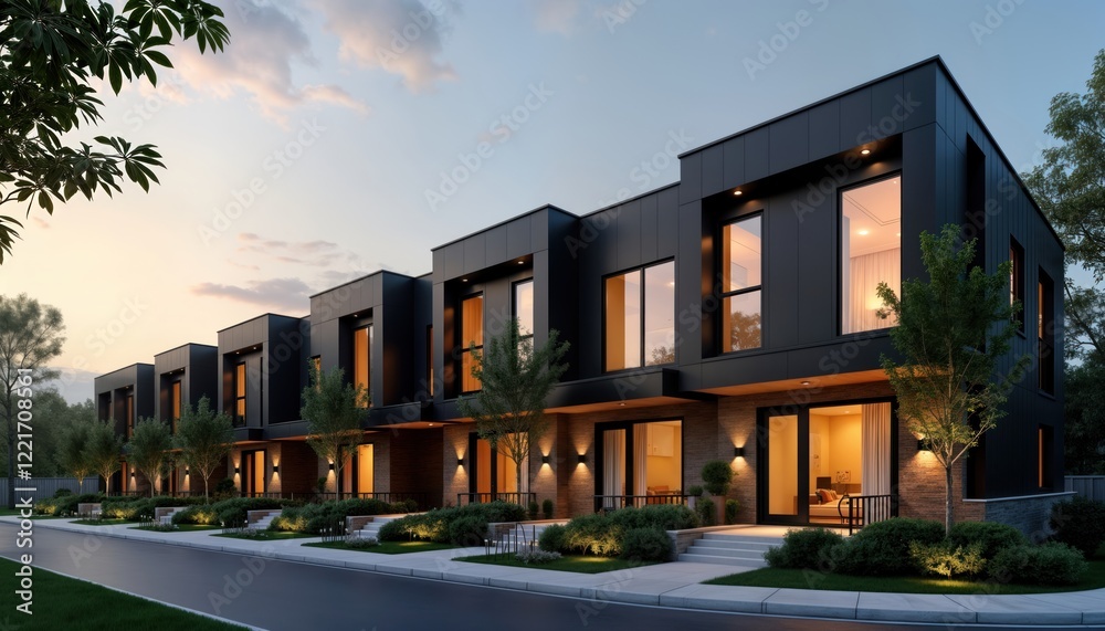 Obraz premium Row of modern townhouses in suburban area. Evening scene. Dark facades with illuminated windows. Landscaping with trees, bushes. Calm suburban street. Houses feature contemporary design.
