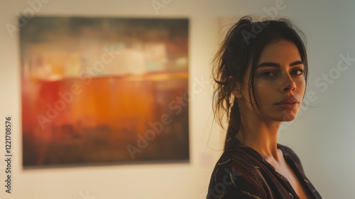 A woman stands before an abstract painting, her expression mild disinterest. Soft light bathes the gallery scene.  Warm hues dominate the artwork.