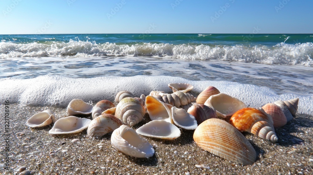Seashells on sandy beach, ocean waves, sunny day, summer vacation Seashells on sandy beach, ocean waves, sunny day, summer vacation