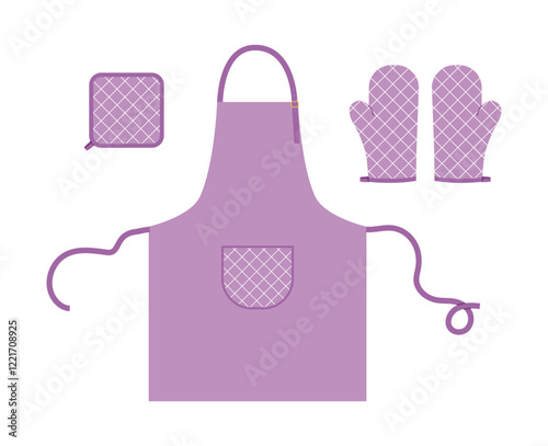 Set of Aprons, Oven Gloves and potholder Fashion purple cartoon windowpane tartan check pattern hand accessory clothing technical illustration garment. Vector for Men women, unisex style flat on white
