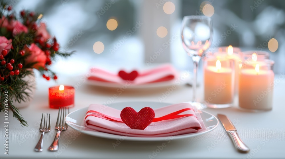 A festive table setup for a Singles Awareness Day dinner in February, featuring heart-shaped plates, pink napkins tied with red ribbons, and a centerpiece of fresh flowers and candles, a light A festive table setup for a Singles Awareness Day dinner in February, featuring heart-shaped plates, pink napkins tied with red ribbons, and a centerpiece of fresh flowers and candles, a light