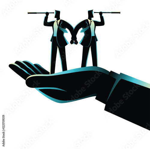 Two businessmen standing on a big hand, using a telescope to symbolize vision, growth, and future success. Represents strategic planning, market analysis, and achieving goals to investor
