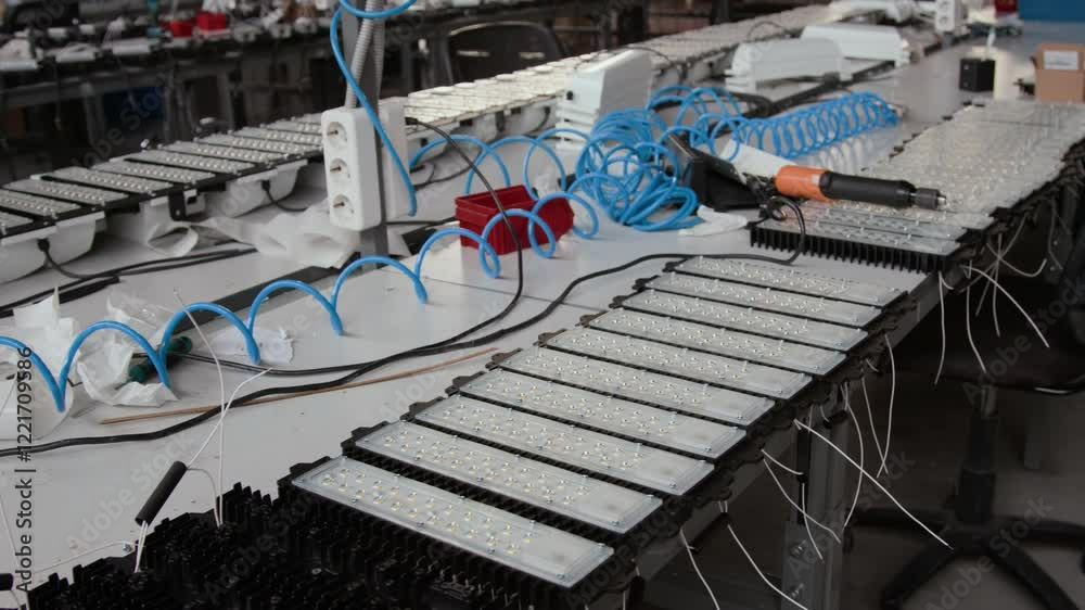 Medium full no people shot of spacious workshop of industrial lighting manufacturing company, tables with circuit boards, wires, soldering tools, components for assembling, at break or before workday