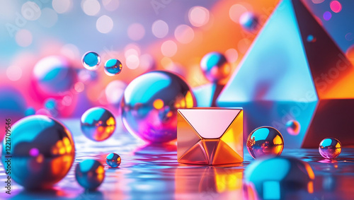 A vibrant and colorful 3D wallpaper featuring abstract geometric shapes, including glossy spheres and metallic pyramids, with a bright gradient background of blue, pink, and orange hues. photo