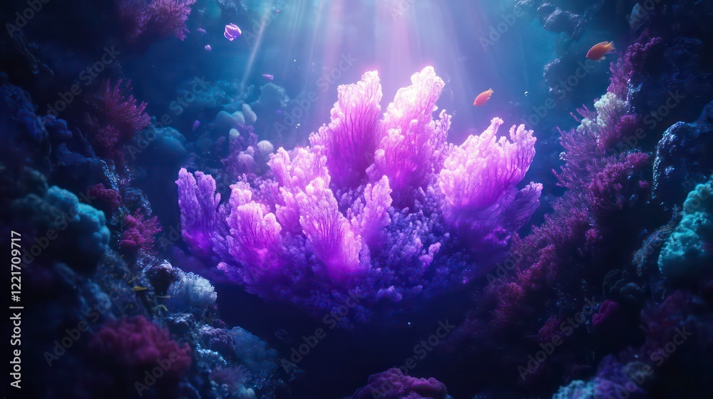 Fototapeta premium Vibrant purple coral reef illuminated by sunlight, showcasing diverse marine life and underwater scenery.