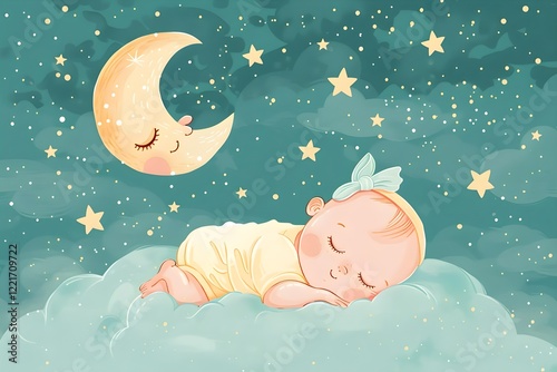 A baby sleeping on a cloud with the moon in the background