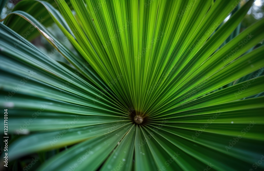 Obraz premium Closeup view of saw palmetto plant leaf. Vivid green palm leaf with distinct radiating lines. Natural beauty of nature. Healthy growth of plant. Outdoors scene. Detailed texture of tropical leaf.