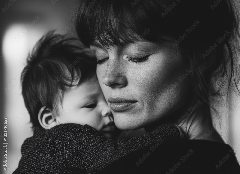 A mother holds her child close, both with eyes closed in a tender moment. The soft, warm atmosphere highlights their deep connection and affection in a serene setting