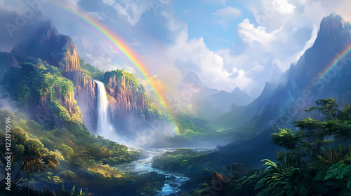 A stunning double rainbow arches over lush valley after storm, creating breathtaking view of natures beauty. Rainbow Valley. Illustration photo