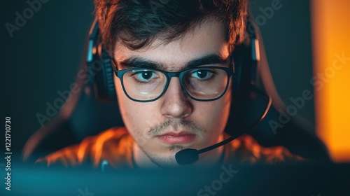 Esports Concept Focused gamer wearing glasses and headset in a dimly lit environment.