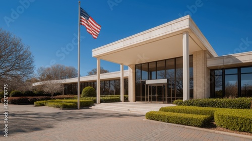 A wide-angle shot of a closed federal office building on Presidents Day, an American flag prominently displayed on a tall flagpole in front of the building, a Closed for Presidents Day sign on the