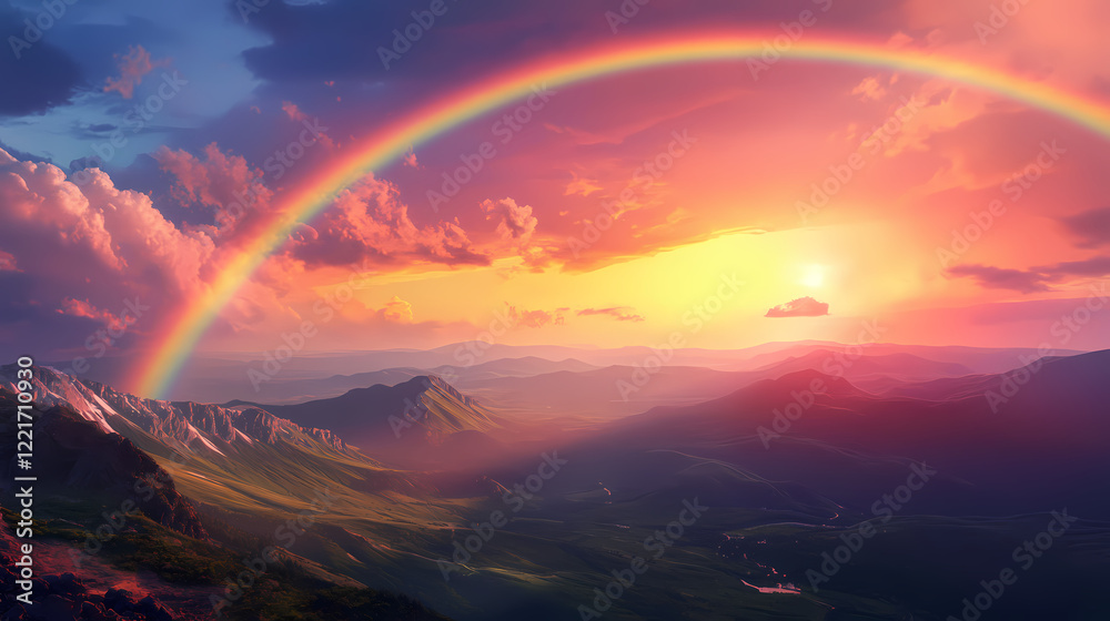 A stunning rainbow arcs over a mountainous landscape at sunset, casting vibrant colors on the serene valley below. Rainbow Valley. Illustration A stunning rainbow arcs over a mountainous landscape at sunset, casting vibrant colors on the serene valley below. Rainbow Valley. Illustration