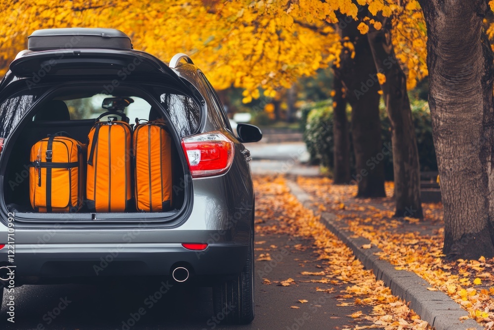 custom made wallpaper toronto digitalLuggage packed in a car trunk beside a tree-lined street in autumn