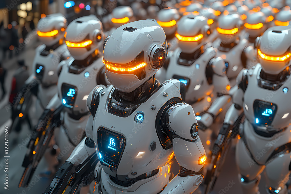Fototapeta premium A group of police robots in tactical gear preparing for a mission