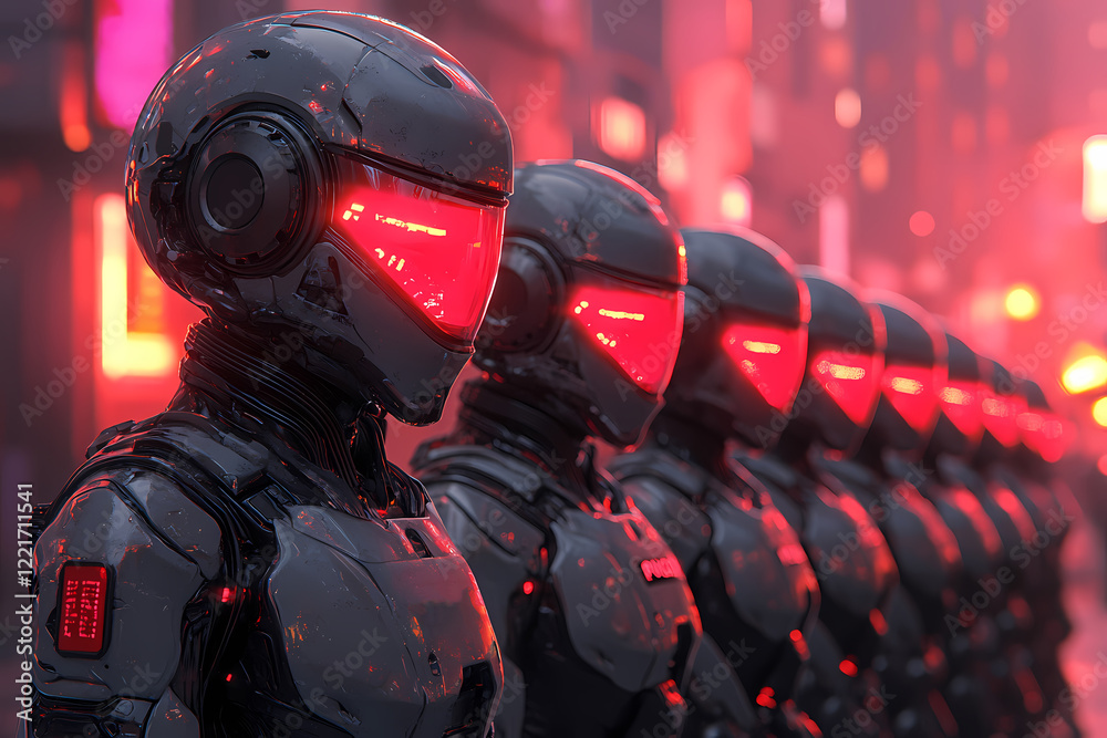 Fototapeta premium A group of police robots in tactical gear preparing for a mission