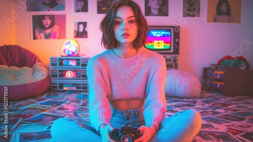 A retro 90s bedroom setup with a young woman sitting on the floor surrounded by old photographs, a vintage camera in her hands, wearing a cropped sweater and high-waisted jeans, the room styled with