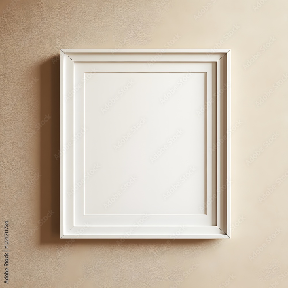 Photorealistic mock-up of a white picture frame on a wall in a classic scandinavian design. White with a matte finish and an off-white textured background inside the frame. Photorealistic mock-up of a white picture frame on a wall in a classic scandinavian design. White with a matte finish and an off-white textured background inside the frame.