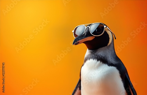 Cool penguin wears aviator sunglasses against bright orange backdrop. Modern studio photo. Stylish animal portrait. Funny, creative image. Ideal for marketing campaigns social media posts. Wildlife photo