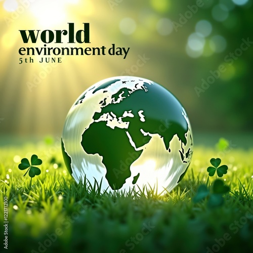 Eco friendly Earth Day poster design. 3D world globe on green grass with shamrock. Environmental protection theme. Visuals promote awareness. June 5th. Illustration. Eco poster for World Environment photo