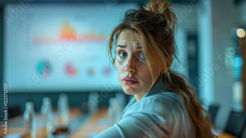 Exhausted woman stares at a projected graph in a corporate meeting room.  Her anxious expression reflects the pressure of the data.  A blurred background shows a conference table and colleagues.