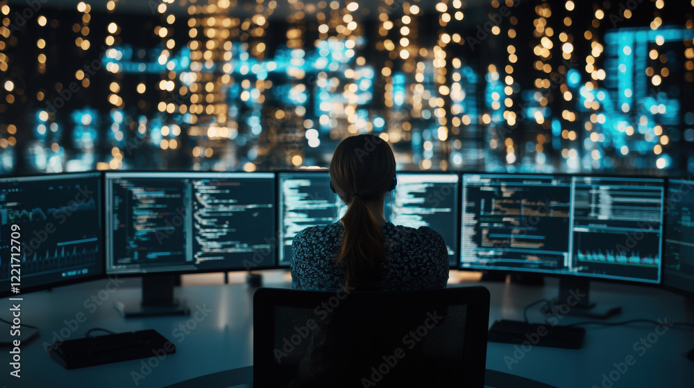 A programmer analyzing code on multiple monitors in a dimly lit room with glowing screens and a futuristic atmosphere. A programmer analyzing code on multiple monitors in a dimly lit room with glowing screens and a futuristic atmosphere.