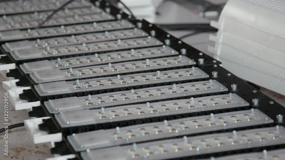 No people medium closeup of semi-finished components of industrial LED lamps on assembly table in workshop of lighting systems manufacturing company