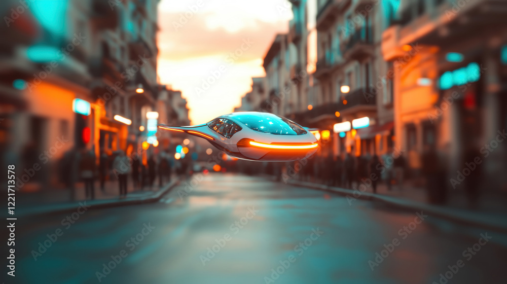 A futuristic flying car driving down a city street, with neon lights and a blur of motion creating a dynamic, high-tech scene. A futuristic flying car driving down a city street, with neon lights and a blur of motion creating a dynamic, high-tech scene.
