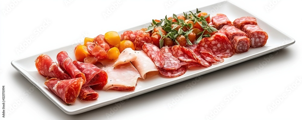 A beautifully arranged platter featuring various cured meats and garnishes, perfect for sharing at gatherings or enjoying as a gourmet snack. A beautifully arranged platter featuring various cured meats and garnishes, perfect for sharing at gatherings or enjoying as a gourmet snack.