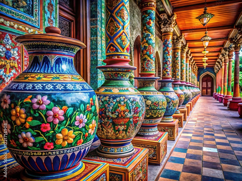 Ancient Temple Walkway with Ornate Vases Ancient Temple Walkway with Ornate Vases
