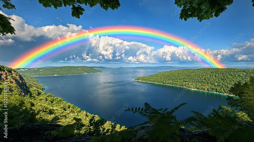 Majestic rainbow arches over tranquil lake surrounded by lush green forests under a bright blue sky
