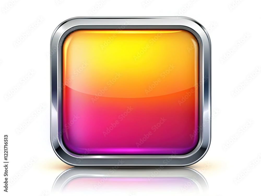 Chrome Metal Square Button, White Background, Reflection, High Resolution Chrome Metal Square Button, White Background, Reflection, High Resolution