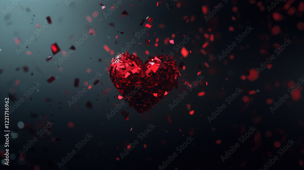 A sparkling red heart surrounded by floating red confetti pieces against a dark, dramatic background, symbolizing love and celebration. A sparkling red heart surrounded by floating red confetti pieces against a dark, dramatic background, symbolizing love and celebration.