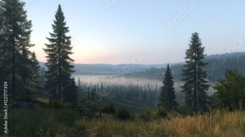 Misty sunrise valley, pine trees, grassy hills, game background