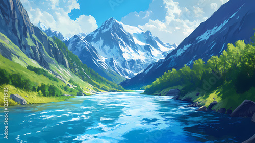 Azure river in caucasus mountains. spectacular summer scene of upper svaneti, georgia, europe.beauty of nature concept background. Sapphire Peak. Illustration photo