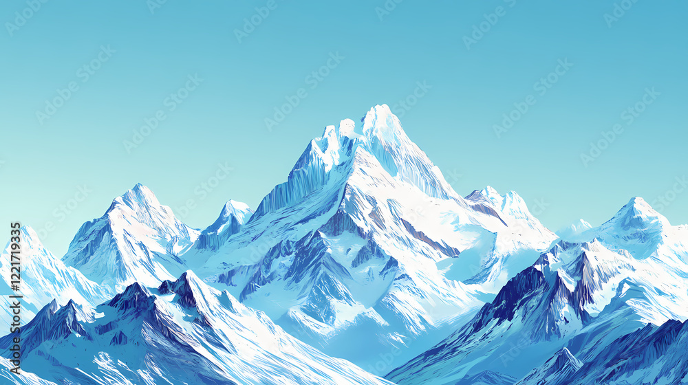Fototapeta premium Frosty mountain peaks against a clear blue sky background striking icy summits standing tall beneath a vibrant azure expanse. Sapphire Peak. Illustration