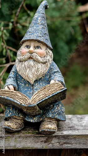 Garden gnome reading a book while sitting outdoors on a wooden tabletop surrounded by greenery