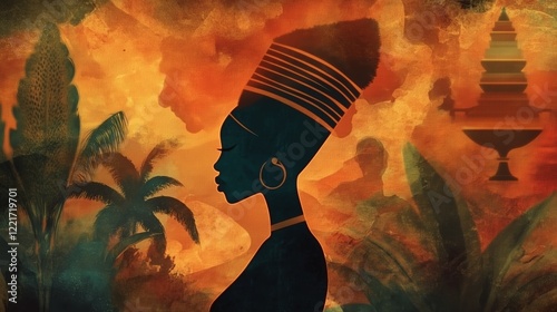 Illustration of the silhouette of an african woman in the sunrise